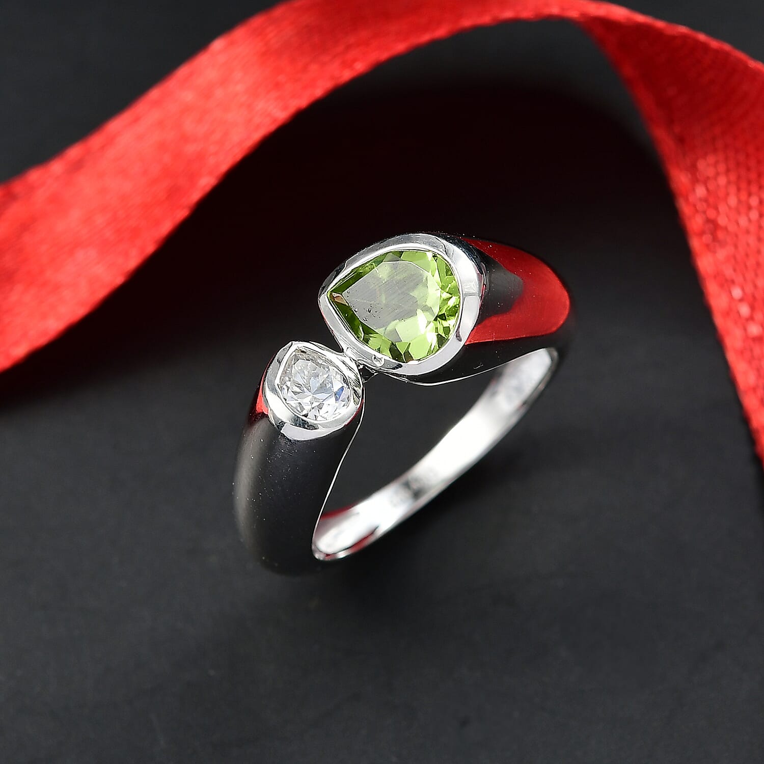D'Joy Peridot, Moissanite Bypass Ring in Rhodium OverlaySterling Silver, Silver Wt.5.4 Gms  1.400  Ct.