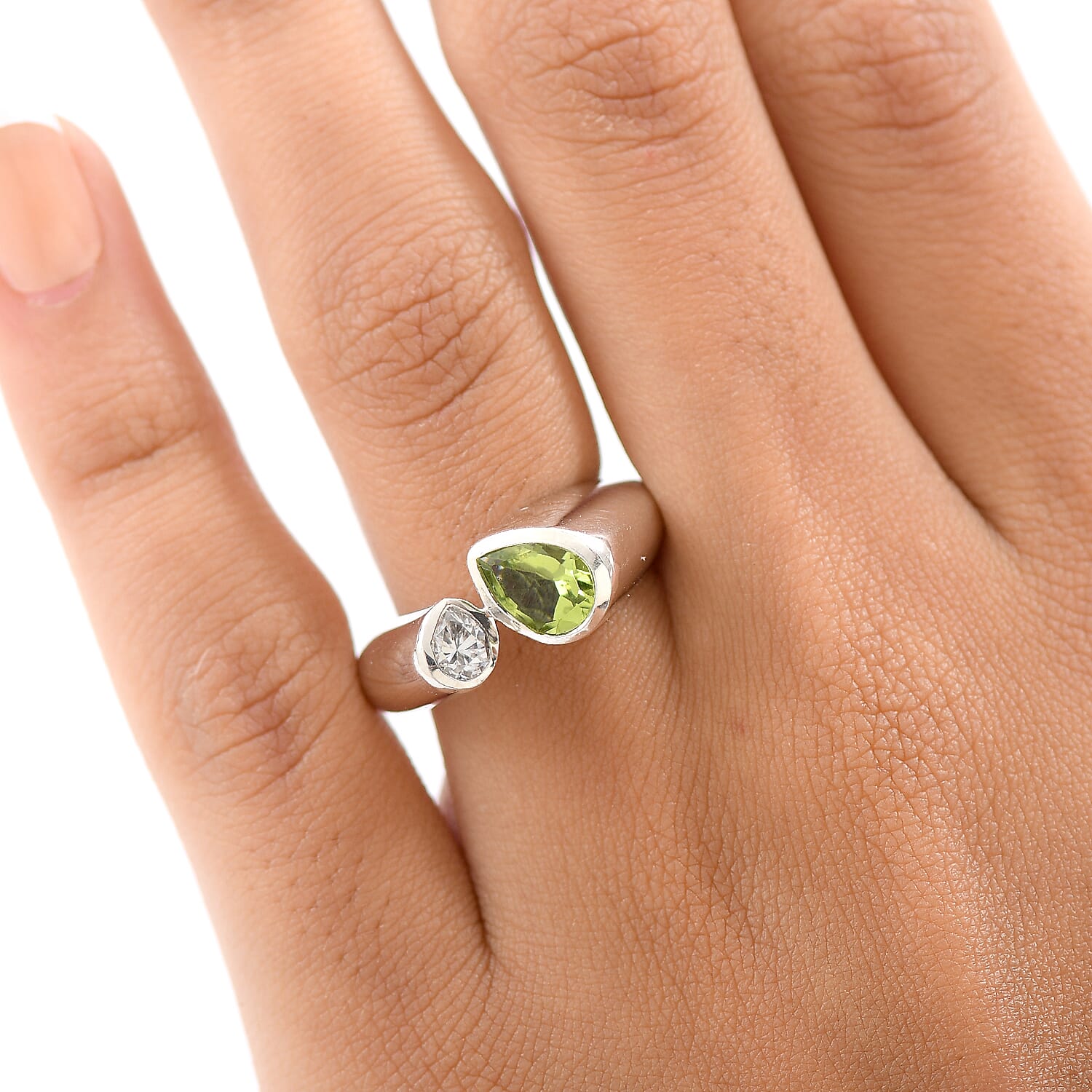 D'Joy Peridot, Moissanite Bypass Ring in Rhodium OverlaySterling Silver, Silver Wt.5.4 Gms  1.400  Ct.