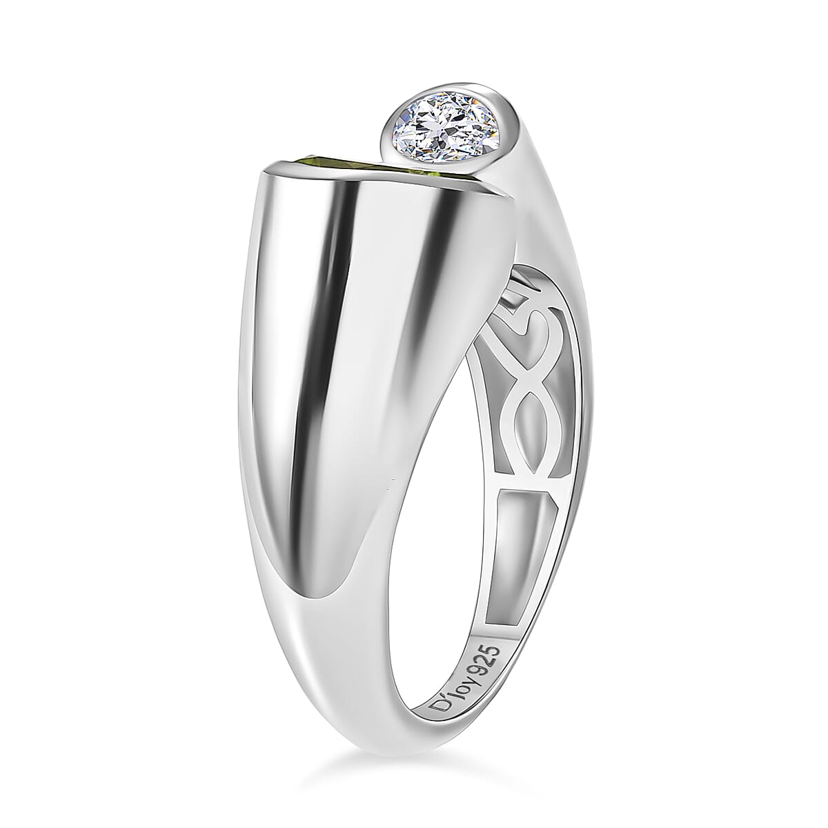 D'Joy Peridot, Moissanite Bypass Ring in Rhodium OverlaySterling Silver, Silver Wt.5.4 Gms  1.400  Ct.