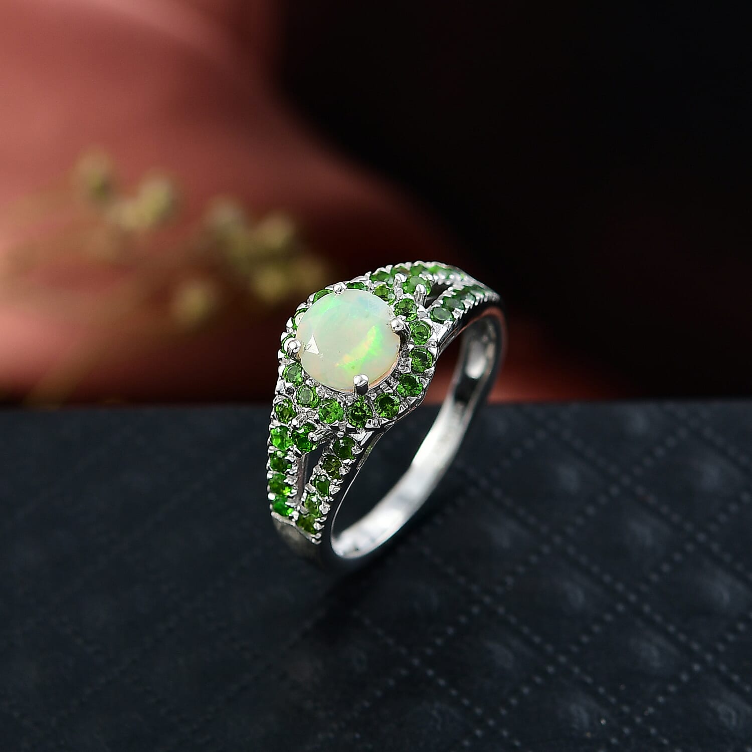 D'Joy Ethiopian Opal, Natural Chrome Diopside Main Stone With Side Stone Ring in Rhodium OverlaySterling Silver  1.175  Ct.
