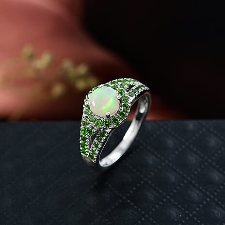 D'Joy Ethiopian Opal, Natural Chrome Diopside Main Stone With Side Stone Ring in Rhodium OverlaySterling Silver  1.175  Ct.
