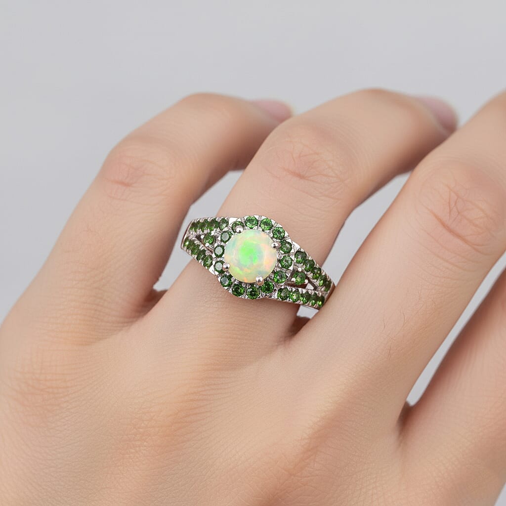 D'Joy Ethiopian Opal, Natural Chrome Diopside Main Stone With Side Stone Ring in Rhodium OverlaySterling Silver  1.175  Ct.