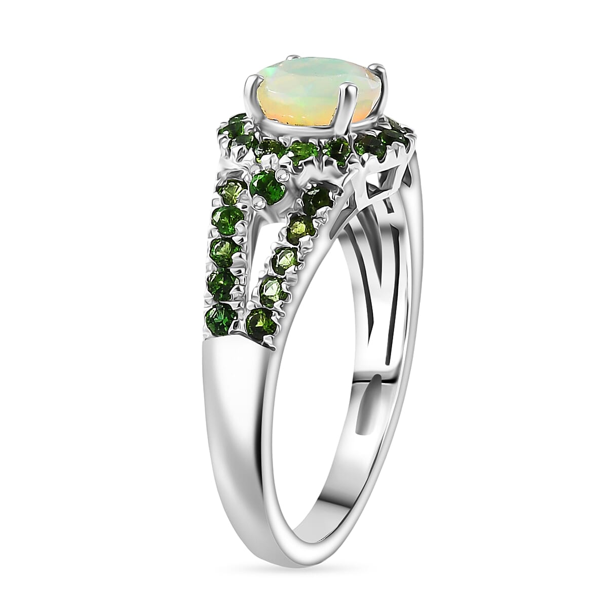 D'Joy Ethiopian Opal, Natural Chrome Diopside Main Stone With Side Stone Ring in Rhodium OverlaySterling Silver  1.175  Ct.