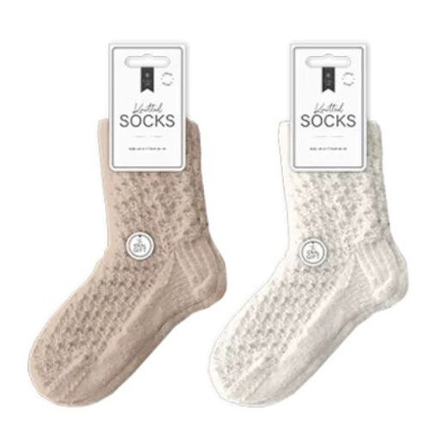 Pack of 2 Ladies Textured Supersoft Knitted Socks (Size UK 3-7) - Brown - White