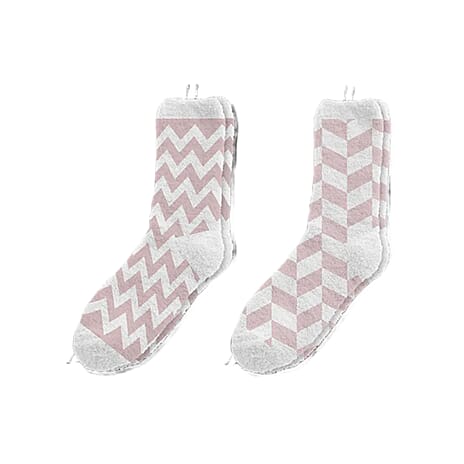 Pack of 2 - Ladies Wave Print Cosy Socks (Size UK 4-8) - White - Light Pink