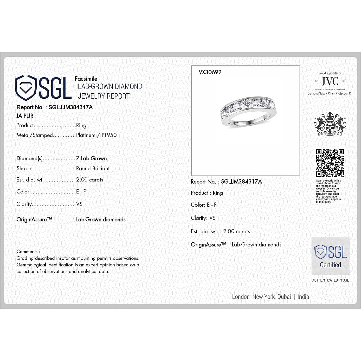 Luxuriant 950 Platinum SGL Certified Lab Grown Diamond (VS-EF) Band Ring 2.00 Ct, Platinum Wt. 7.60 Gms.