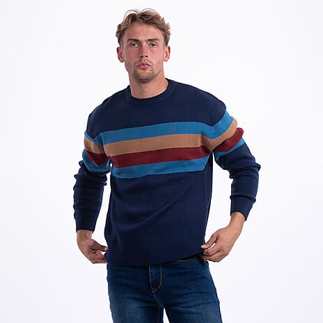 JJ Willis Acrylic Crew Neck Stripe Jumper (Size M) - Navy