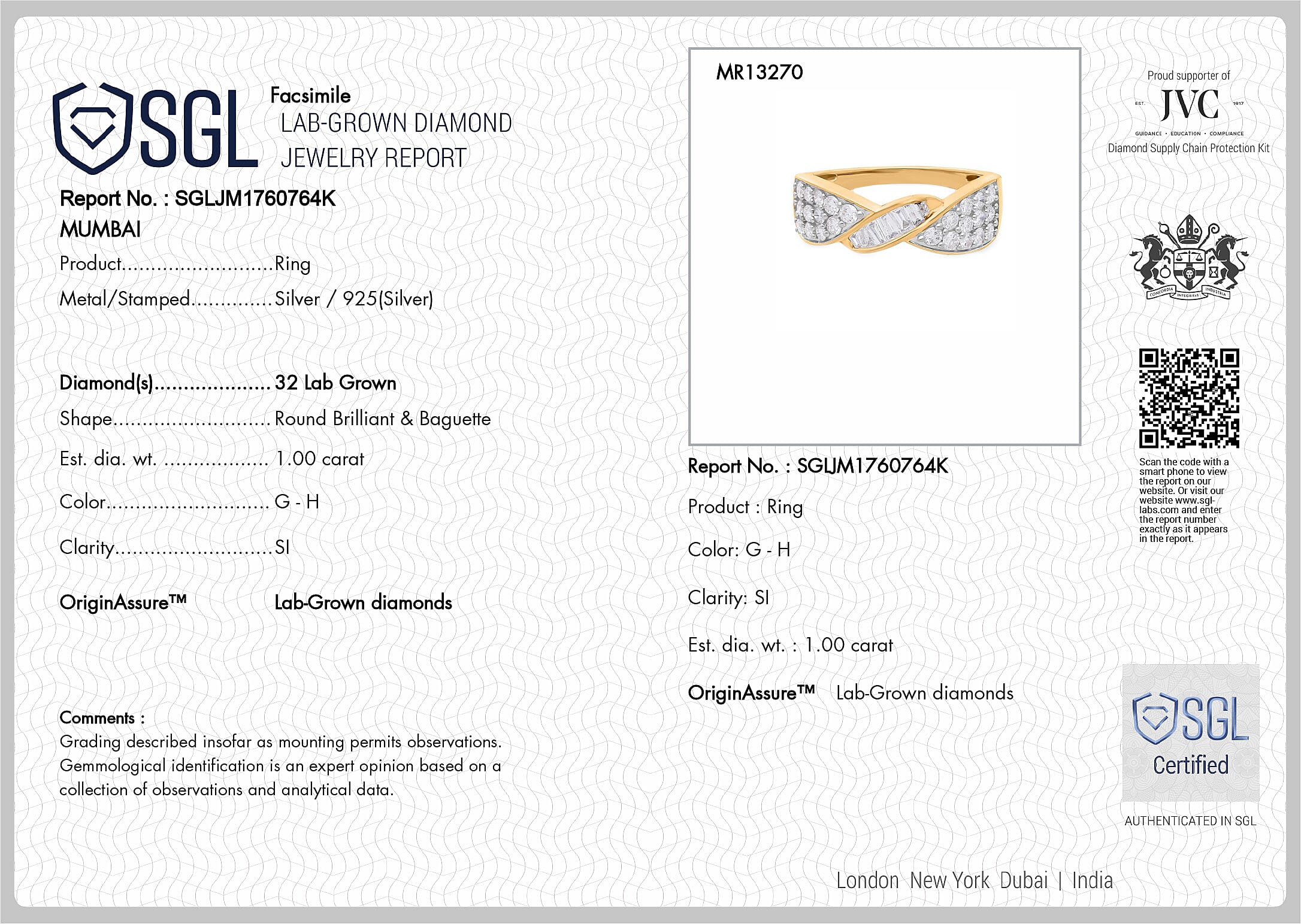 Luxuriant SGL Certified Lab Grown Diamond (SI-GH) Ring in 18K Vermeil Yellow Gold Plated Sterling Silver 1.00 Ct.