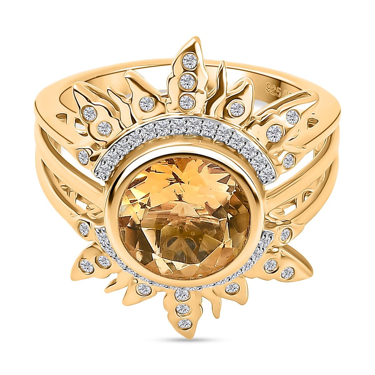GP- Celestial Dream Collection Citrine, Blue Sapphire & White Zircon Ring in 18K Vermeil Yellow Gold Plated Sterling Silver 3.88 Ct, Silver Wt. 5.18 Gms.