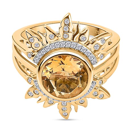 GP- Celestial Dream Collection Citrine, Blue Sapphire & White Zircon Ring in 18K Vermeil Yellow Gold Plated Sterling Silver 3.88 Ct, Silver Wt. 5.18 Gms.