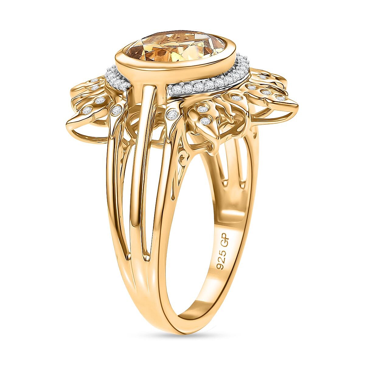 GP- Celestial Dream Collection Citrine, Blue Sapphire & White Zircon Ring in 18K Vermeil Yellow Gold Plated Sterling Silver 3.88 Ct, Silver Wt. 5.18 Gms.