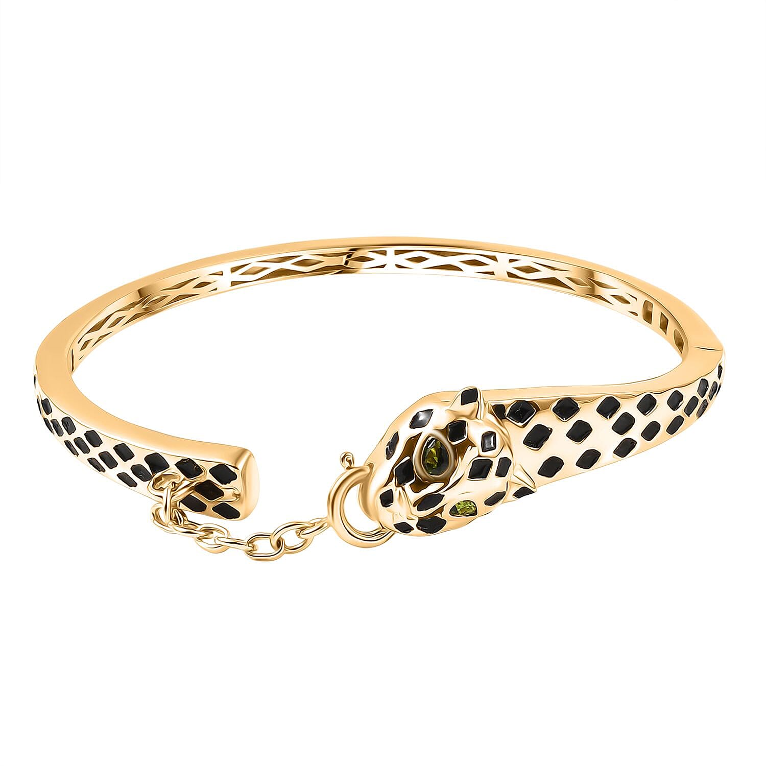 GP LeopardTotem Collection Natural Chrome Diopside & Blue Sapphire Full Bangle (Size 7.5) in 18K Vermeil Yellow Gold Plated Sterling Silver, Silver Wt. 22.59 Gms.