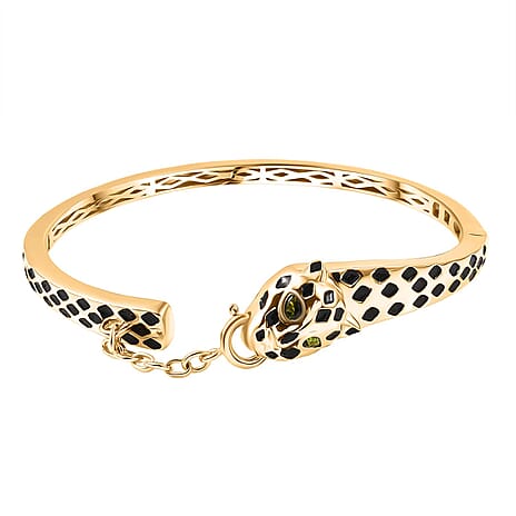 GP LeopardTotem Collection Natural Chrome Diopside & Blue Sapphire Full Bangle (Size 7.5) in 18K Vermeil Yellow Gold Plated Sterling Silver, Silver Wt. 22.59 Gms.