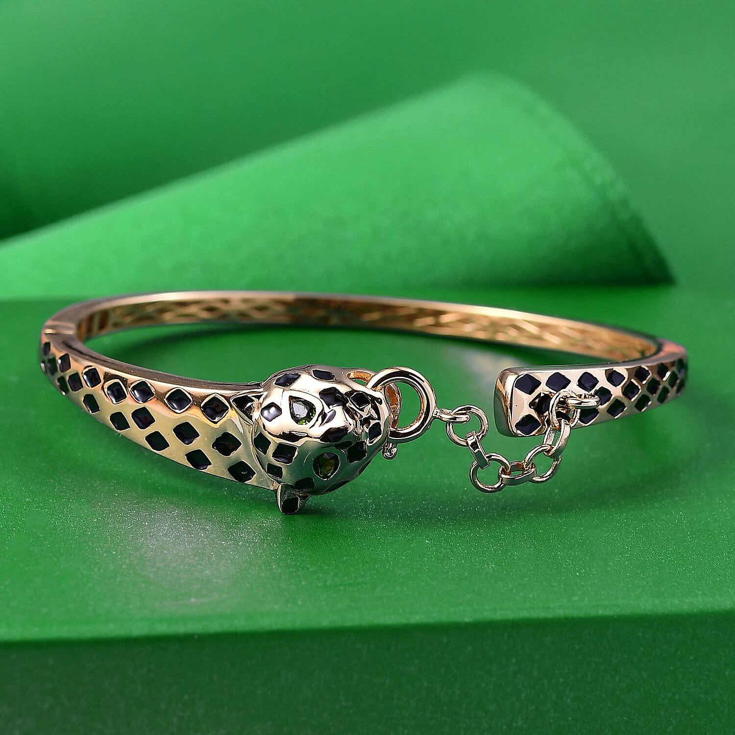 GP LeopardTotem Collection Natural Chrome Diopside & Blue Sapphire Full Bangle (Size 7.5) in 18K Vermeil Yellow Gold Plated Sterling Silver, Silver Wt. 22.59 Gms.