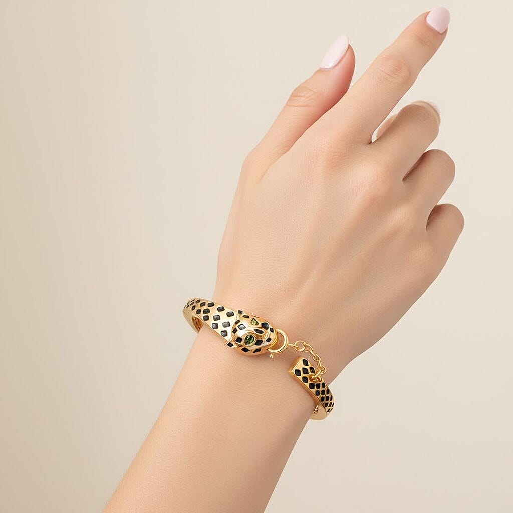 GP LeopardTotem Collection Natural Chrome Diopside & Blue Sapphire Full Bangle (Size 7.5) in 18K Vermeil Yellow Gold Plated Sterling Silver, Silver Wt. 22.59 Gms.