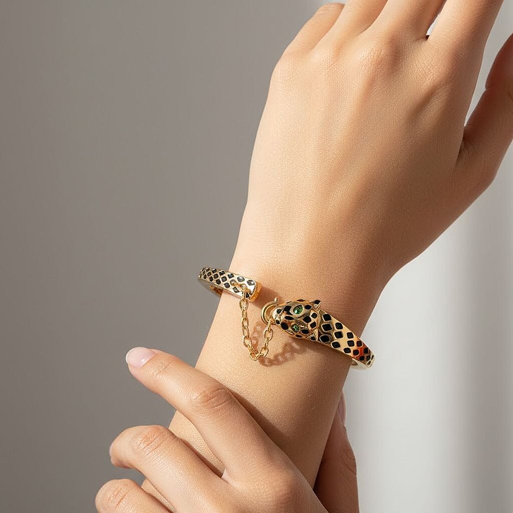 GP LeopardTotem Collection Natural Chrome Diopside & Blue Sapphire Full Bangle (Size 7.5) in 18K Vermeil Yellow Gold Plated Sterling Silver, Silver Wt. 22.59 Gms.