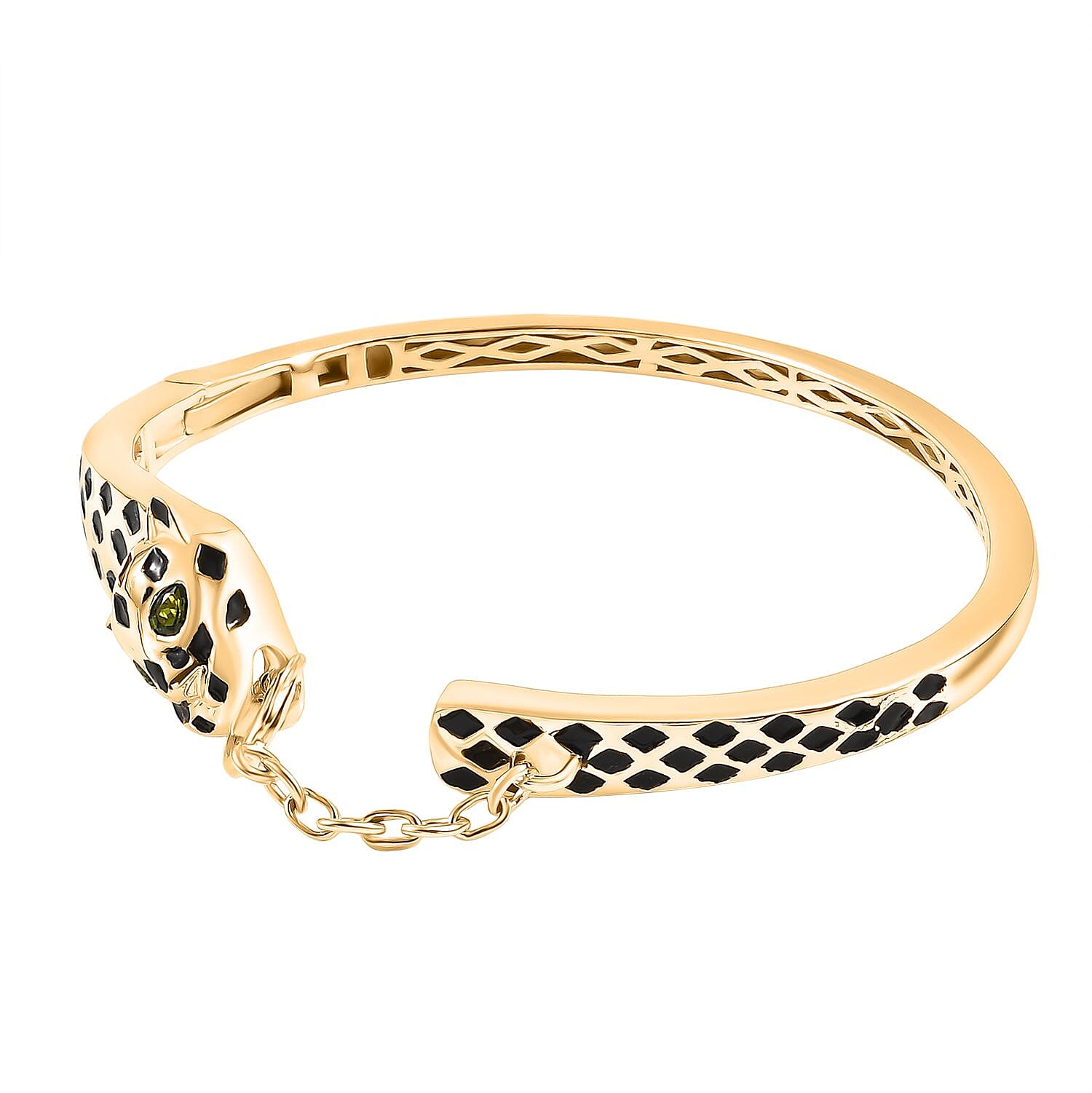 GP LeopardTotem Collection Natural Chrome Diopside & Blue Sapphire Full Bangle (Size 7.5) in 18K Vermeil Yellow Gold Plated Sterling Silver, Silver Wt. 22.59 Gms.