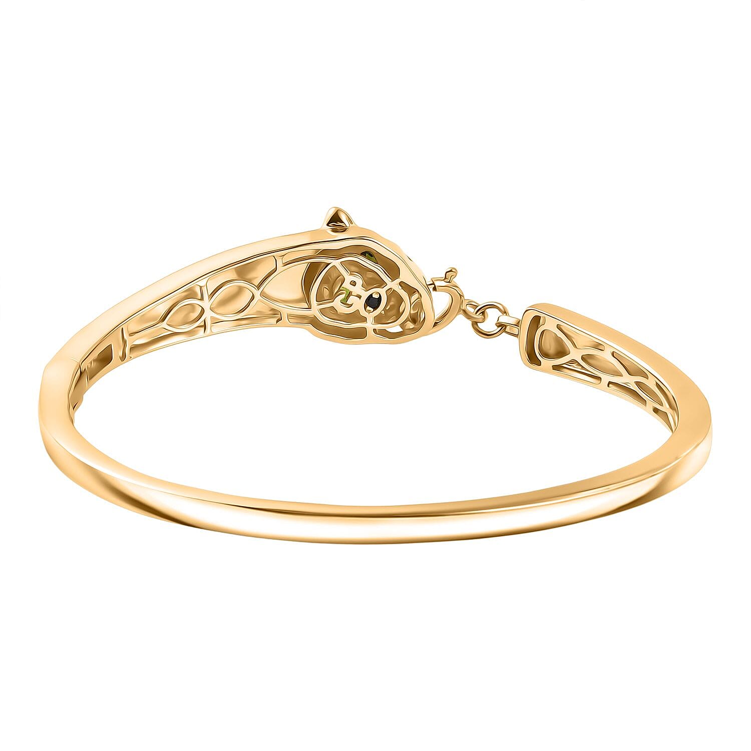 GP LeopardTotem Collection Natural Chrome Diopside & Blue Sapphire Full Bangle (Size 7.5) in 18K Vermeil Yellow Gold Plated Sterling Silver, Silver Wt. 22.59 Gms.