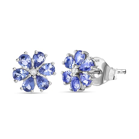 D'Joy Tanzanite & White Zircon Earring with Push Back in Platinum Overlay Sterling Silver 1.95 Ct.