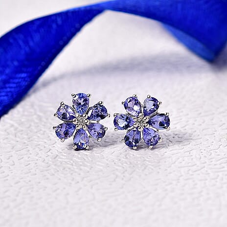 D'Joy Tanzanite & White Zircon Earring with Push Back in Platinum Overlay Sterling Silver 1.95 Ct.