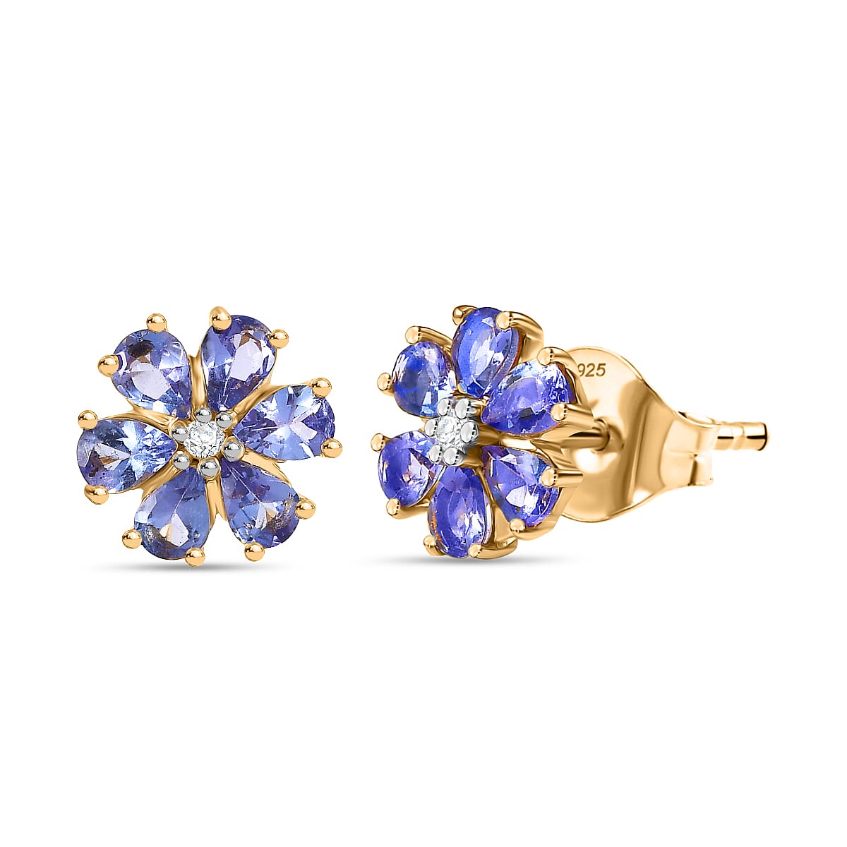 D'Joy Tanzanite & White Zircon Earring with Push Back in 18K Yellow Gold Plated Sterling Silver 1.95 Ct.