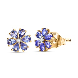 D'Joy Tanzanite & White Zircon Earring with Push Back in 18K Yellow Gold Plated Sterling Silver 1.95 Ct.