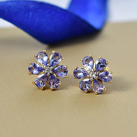 D'Joy Tanzanite & White Zircon Earring with Push Back in 18K Yellow Gold Plated Sterling Silver 1.95 Ct.