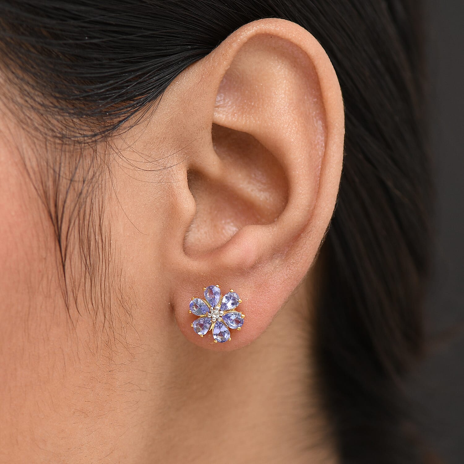 D'Joy Tanzanite & White Zircon Earring with Push Back in 18K Yellow Gold Plated Sterling Silver 1.95 Ct.