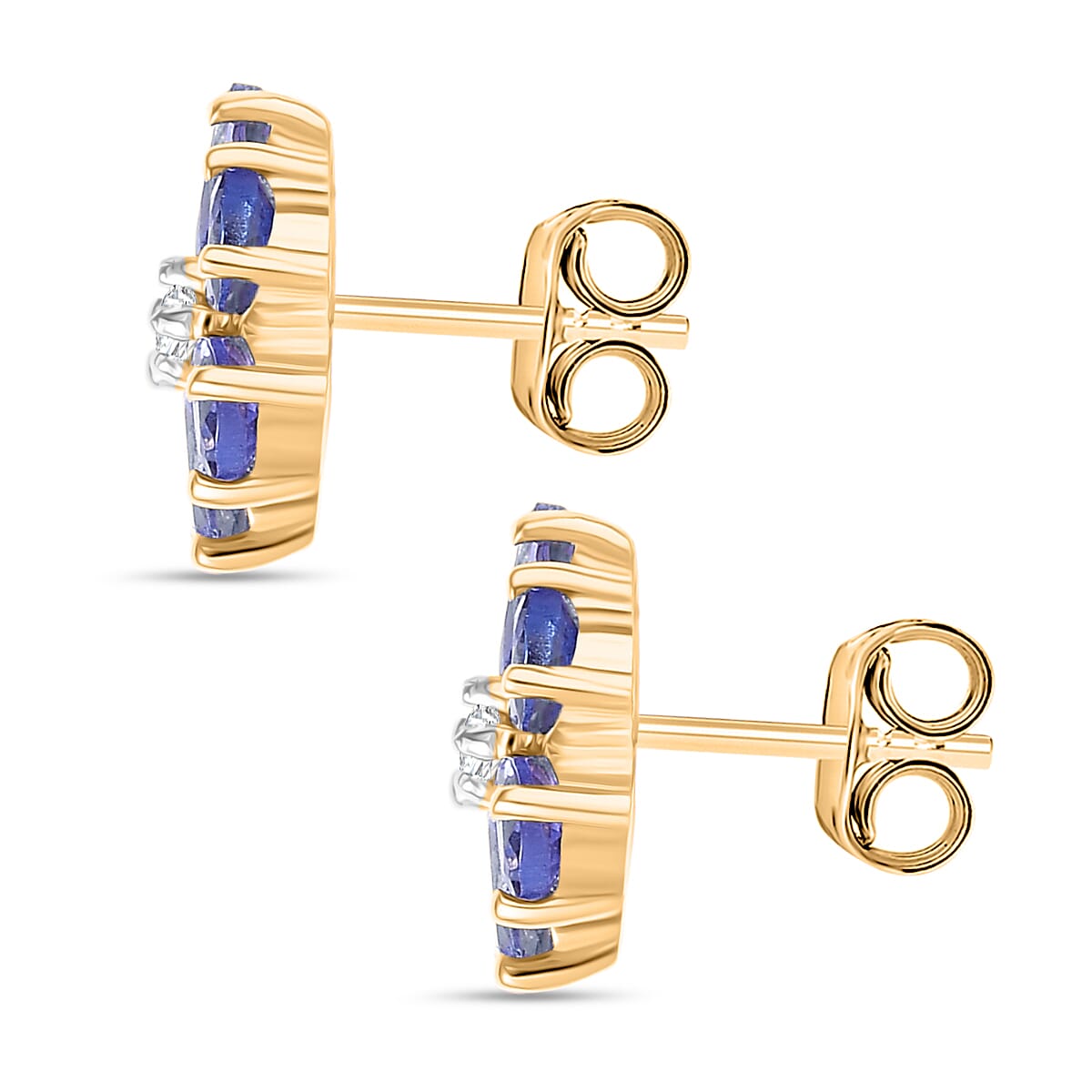 D'Joy Tanzanite & White Zircon Earring with Push Back in 18K Yellow Gold Plated Sterling Silver 1.95 Ct.