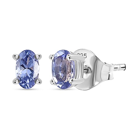 Tanzanite Solitaire Stud Push Post Earring in Platinum Overlay Sterling Silver