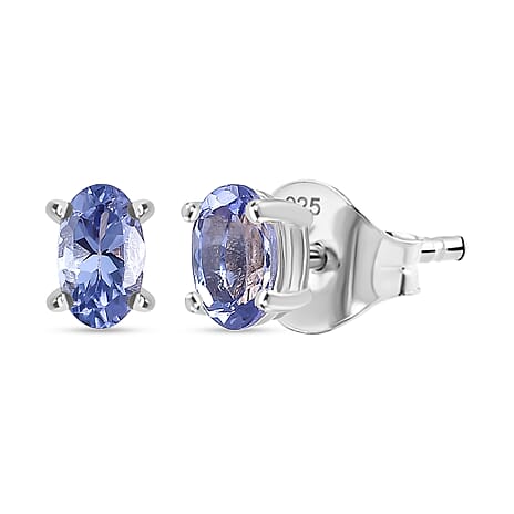 Tanzanite Solitaire Stud Push Post Earring in Platinum Overlay Sterling Silver