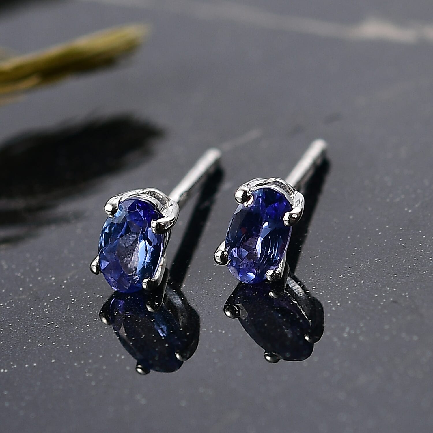 Tanzanite Solitaire Stud Push Post Earring in Platinum Overlay Sterling Silver
