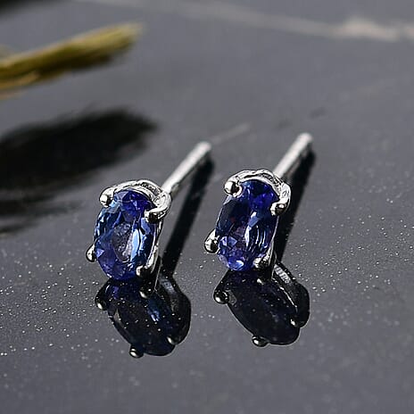 Tanzanite Solitaire Stud Push Post Earring in Platinum Overlay Sterling Silver