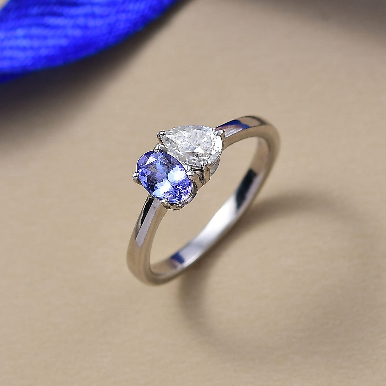 D'Joy Tanzanite & Moissanite Bypass Ring in Platinum Overlay Sterling Silver