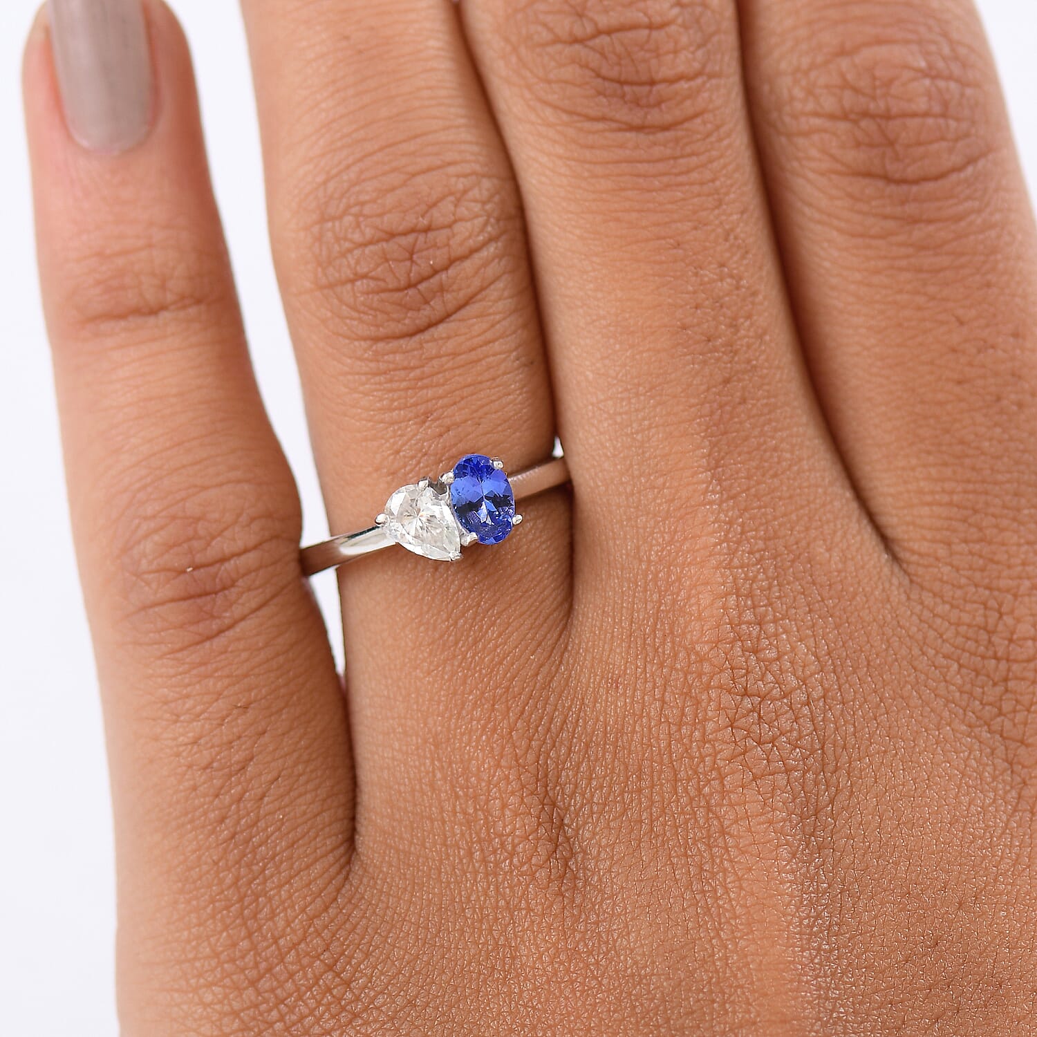 D'Joy Tanzanite & Moissanite Bypass Ring in Platinum Overlay Sterling Silver