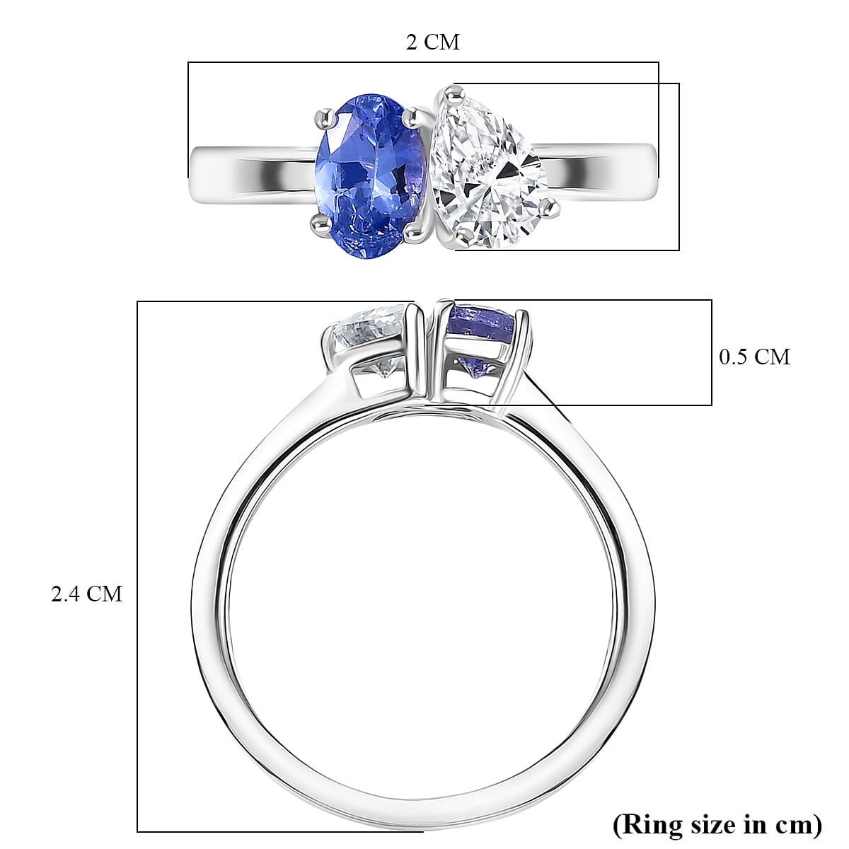 D'Joy Tanzanite & Moissanite Bypass Ring in Platinum Overlay Sterling Silver