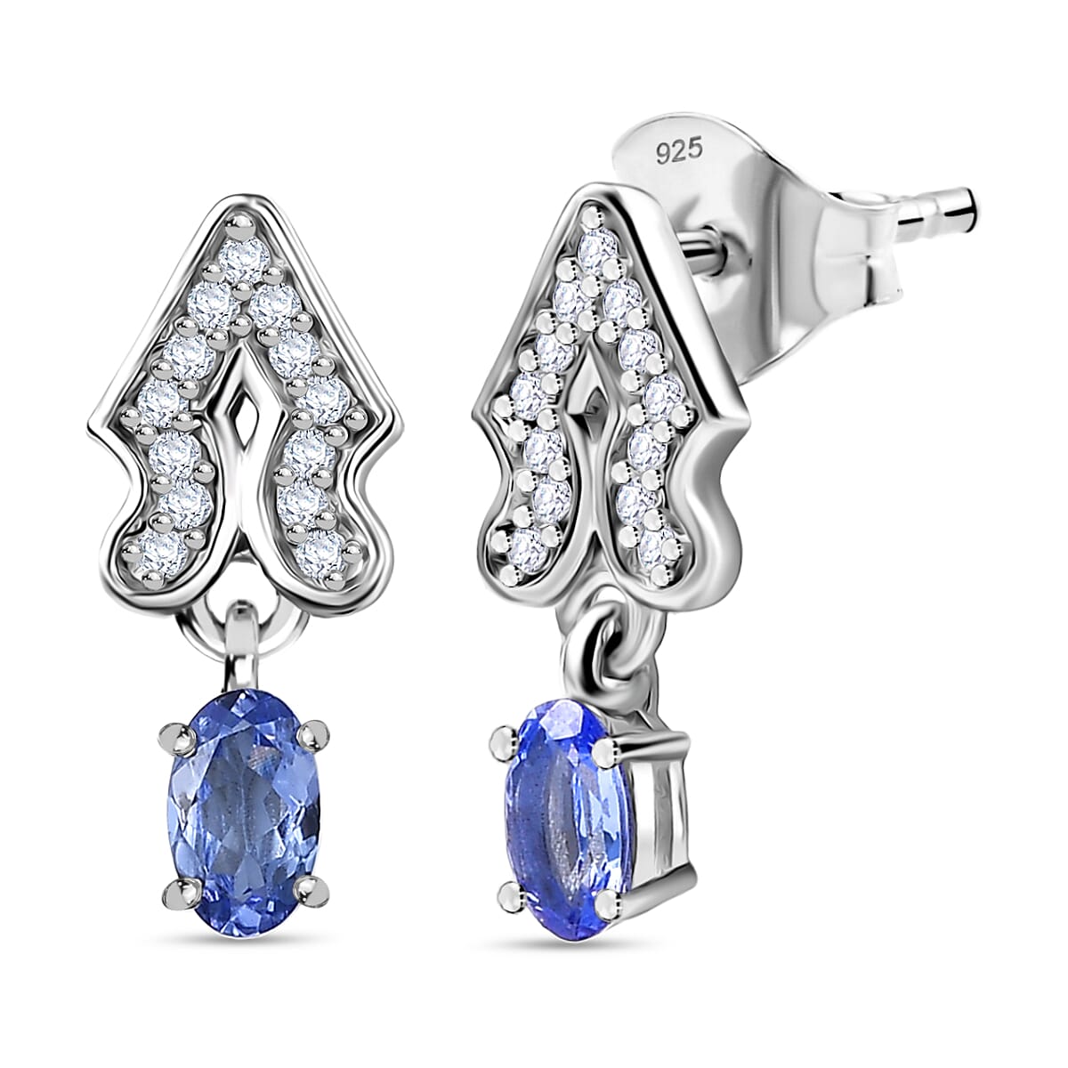 D'Joy Tanzanite & White Zircon Dangling Earring with Push Back in Platinum Overlay Sterling Silver