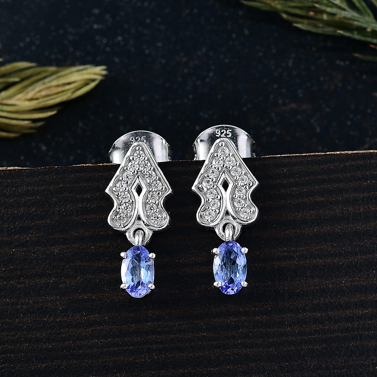 D'Joy Tanzanite & White Zircon Dangling Earring with Push Back in Platinum Overlay Sterling Silver