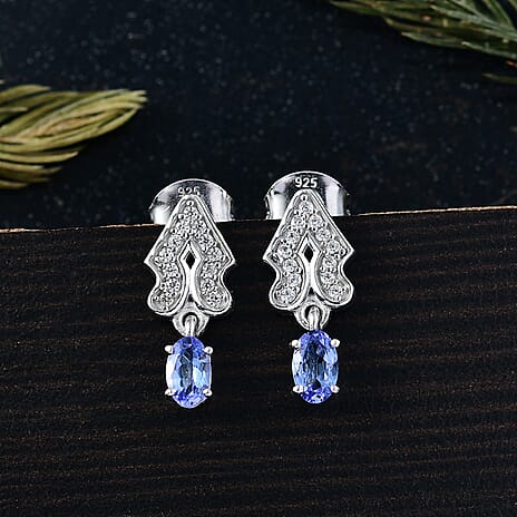 D'Joy Tanzanite & White Zircon Dangling Earring with Push Back in Platinum Overlay Sterling Silver