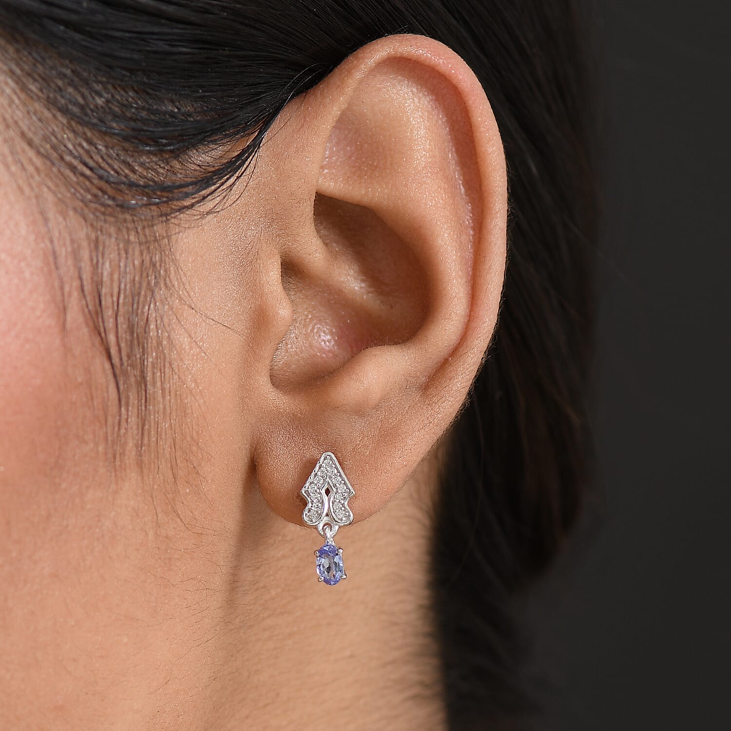 D'Joy Tanzanite & White Zircon Dangling Earring with Push Back in Platinum Overlay Sterling Silver