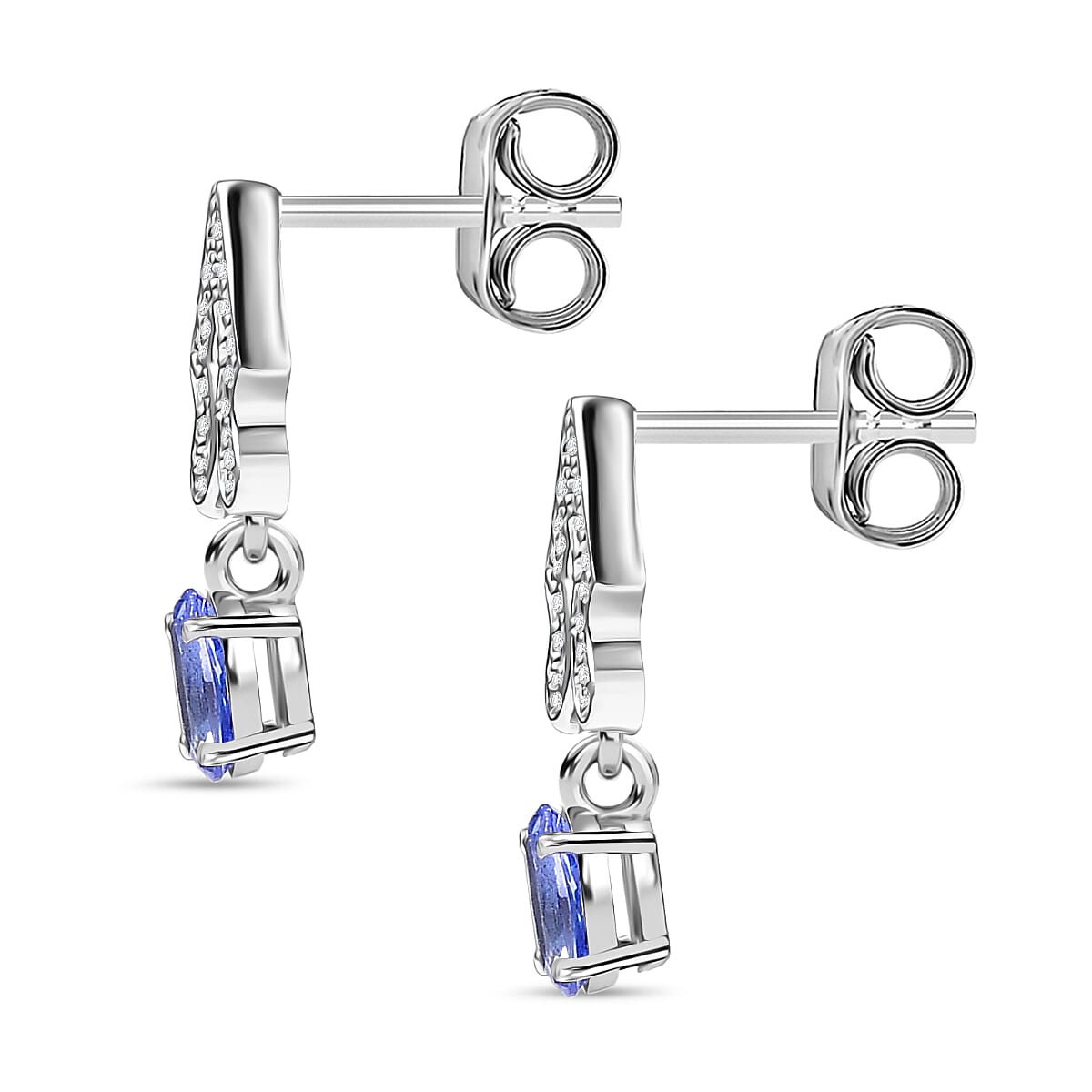 D'Joy Tanzanite & White Zircon Dangling Earring with Push Back in Platinum Overlay Sterling Silver
