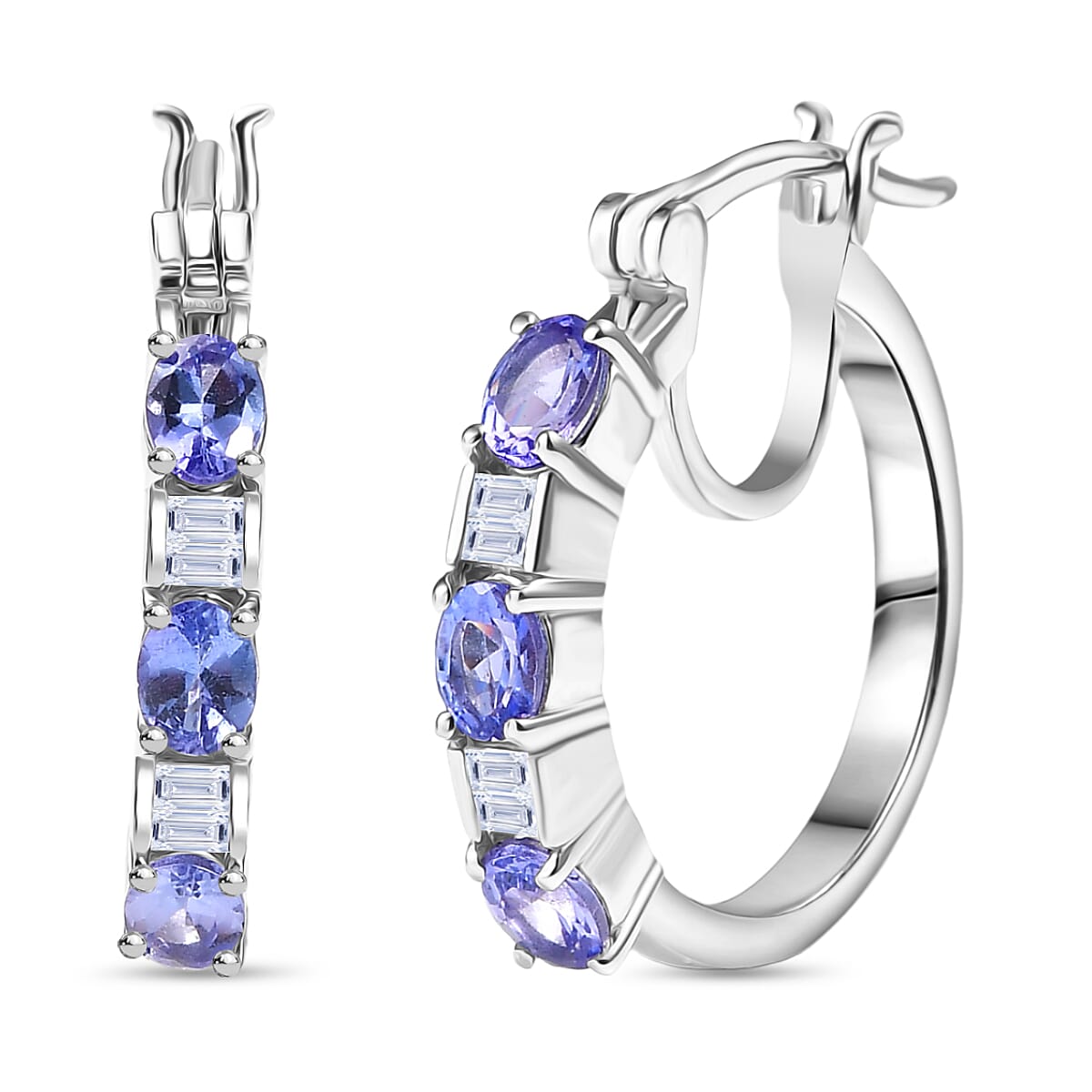 D'Joy Tanzanite & Moissanite Full Hoop Earring with Clasp in Platinum Overlay Sterling Silver 1.10 Ct.
