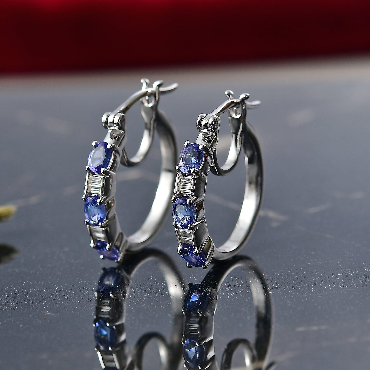 D'Joy Tanzanite & Moissanite Full Hoop Earring with Clasp in Platinum Overlay Sterling Silver 1.10 Ct.