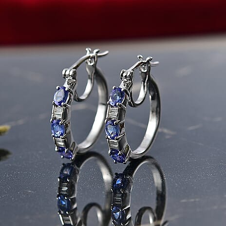 D'Joy Tanzanite & Moissanite Full Hoop Earring with Clasp in Platinum Overlay Sterling Silver 1.10 Ct.