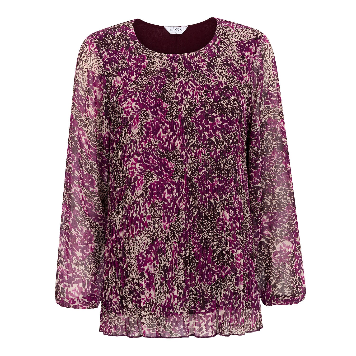 Classic Round Neck Long Sleeve Abstract Print Top (Size 10) - Purple