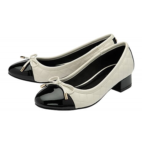 Lotus Rush Quilted Two-Tone Cap Toe Ballet Pumps With Block Heel (Size 4) - Cream & Black