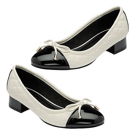 Lotus Rush Quilted Two-Tone Cap Toe Ballet Pumps With Block Heel (Size 4) - Cream & Black