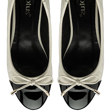 Lotus Rush Quilted Two-Tone Cap Toe Ballet Pumps With Block Heel (Size 4) - Cream & Black