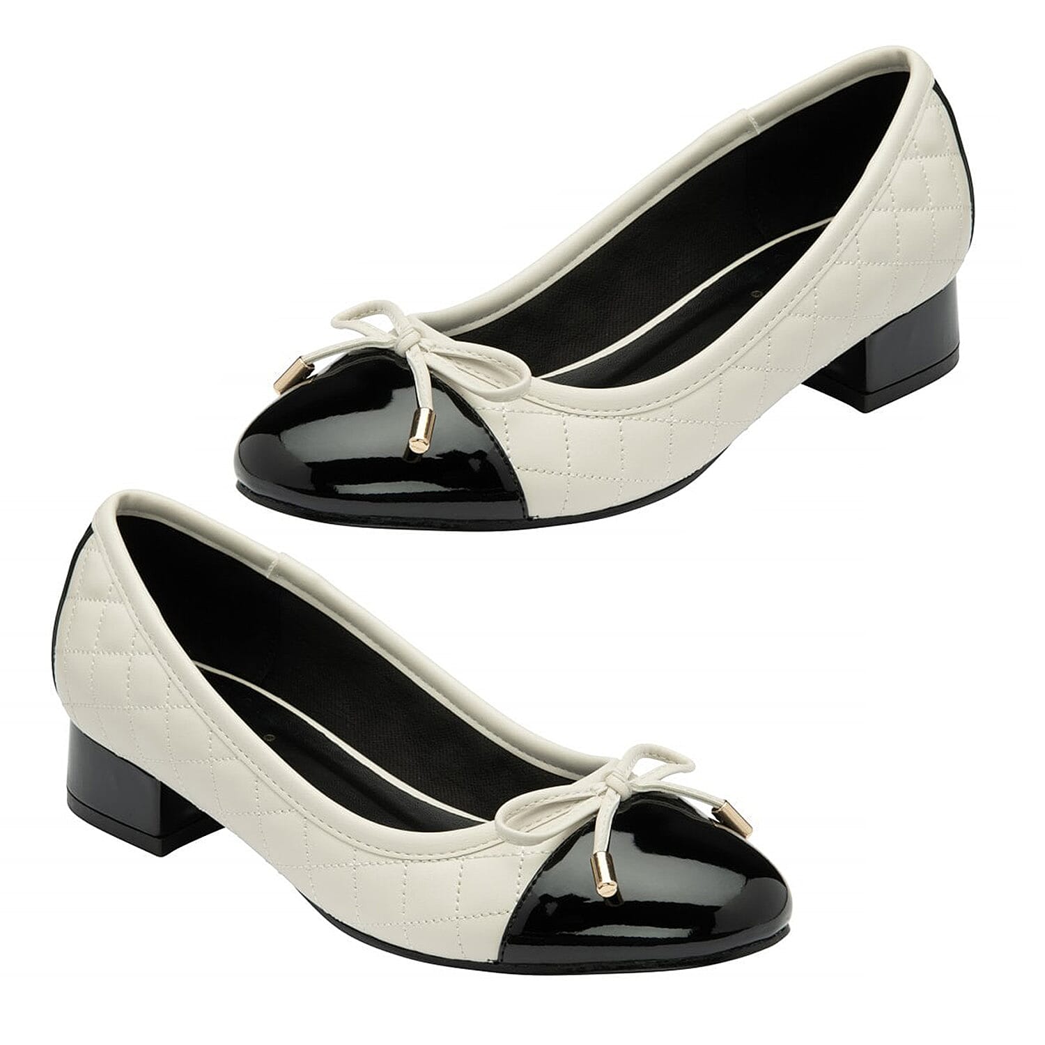 Lotus Rush Quilted Two-Tone Cap Toe Ballet Pumps With Block Heel (Size 6) - Cream & Black