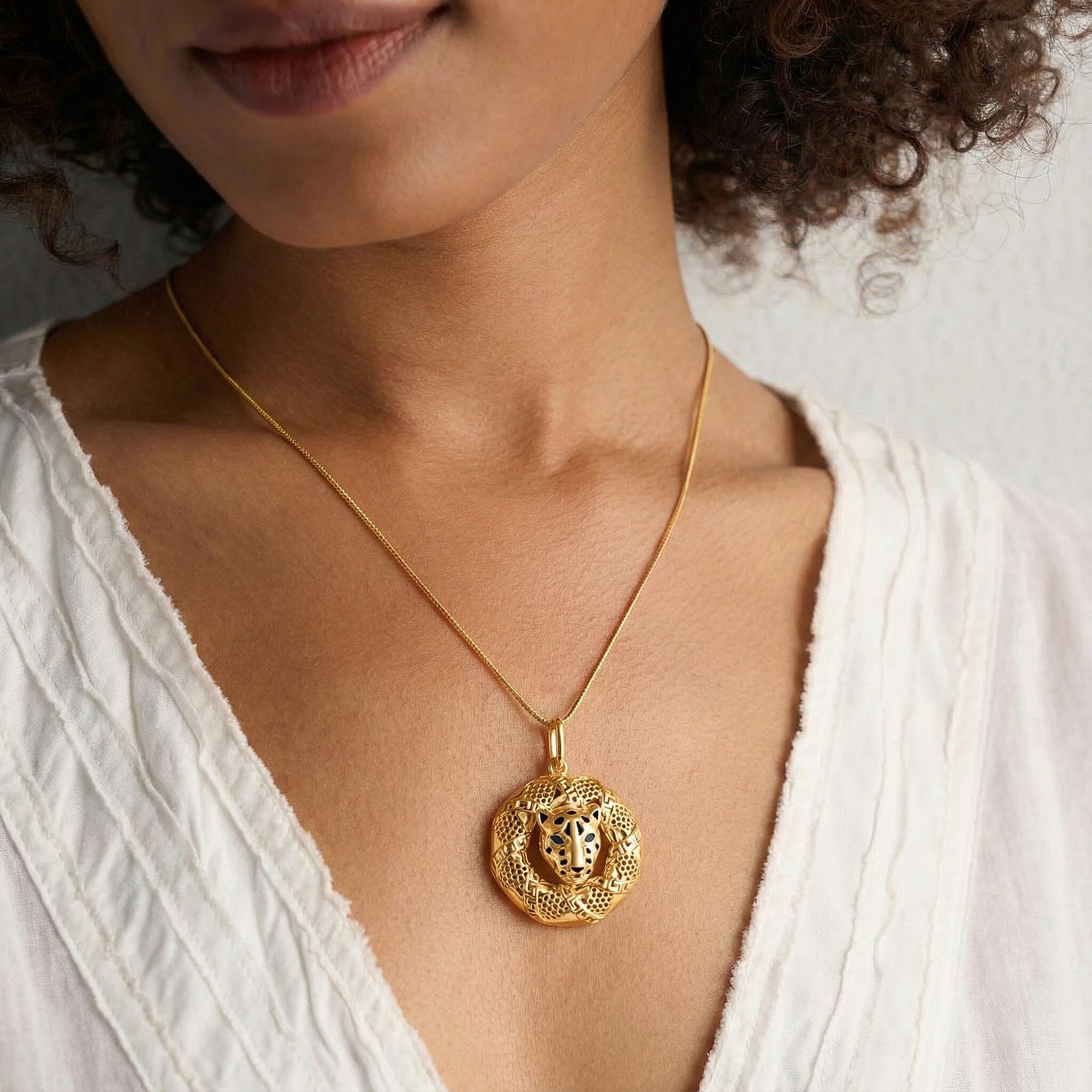 Biggest Designer Inspired Close Out - 9K Yellow Gold Enamelled Panther Pendant